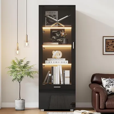 Produktbild von Schwarze Hochglanzvitrinen mit Acryltür, LED-beleuchtete Acryl-Vitrine, für Sammlerstücke, Parfümschränke, Bücherregale, 3 Fachböden