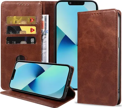 Obrázek produktu pro Smartphonica pouzdro na iPhone 13 z umělé kůže s magnetickým zavíráním a držáky na karty pouzdro typu kniha - tmavě hnědé