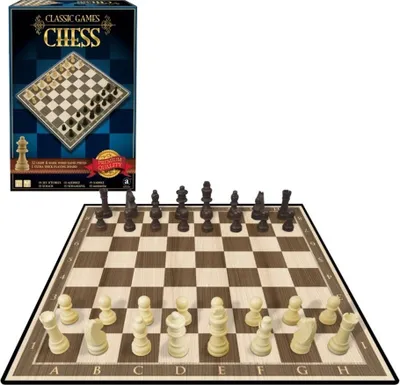 A chess set with pieces arranged on the board, and the product box in the background.