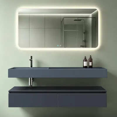 Produktbild von Mai & Mai Badmöbelset 150x48x25cm Unterschrank Anthrazit matt mit Soft-Close Schubladen inkl. Mineralguss-Waschbecken links in Anthrazit matt und LED-Badspiegel