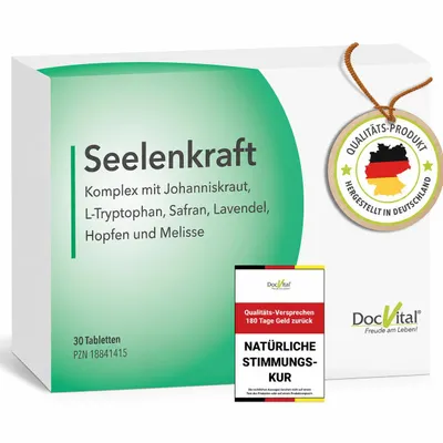 Produktbild von Johanniskraut L Tryptophan Tabletten hochdosiert - Innere Ruhe, gute Laune, Anti Stress - Seelenkraft - Johanneskraut, L-Tryptophan, Hopfen, Lavendel