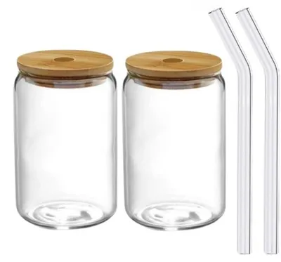 Produktbild von Wellengläser 500ml 2er Set mit Deckel und Strohhalm Glasbecher