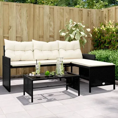 Produktbild von Design Gartensofa in L-Form mit Tisch und Kissen Schwarz Poly Rattan, Gartensofas 2024 Neu