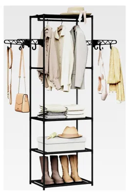 Produktbild von Kleiderständer, offener Kleiderschrank, freistehende Garderobe mit Kleiderstange, Ablagen und Haken, für Schlafzimmer und Wohnzimmer, 53,5x171x35,5 cm, Schwarz