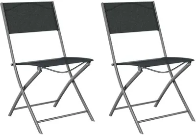 Two black folding chairs are shown against a white background.