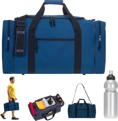 Produktbild von Sporttasche Herren groß Spear Gym 55 cm 40 Liter Large Reisetasche Saunatasche Fitnesstasche Freizeittasche Tasche 657 Fußball Blau + Trinkflasche