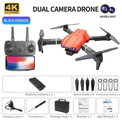 Zdjęcie produktu dla Mini składany dron RC – quadkopter E99PRO – podwójny aparat 4K UHD – Wi-Fi FPV – waga poniżej 150 g – zasięg 80 m – czas lotu 5–10 min – kolor pomarańczowy