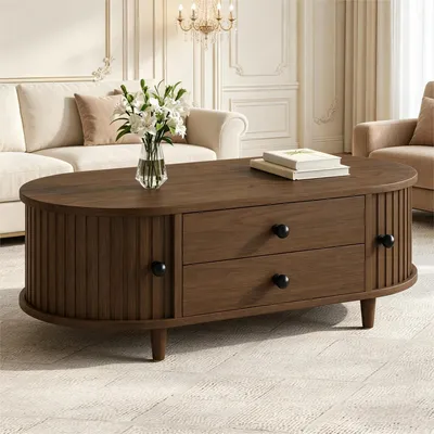 Image de Table basse ronde Merax avec portes coulissantes, table de salon avec 2 tiroirs, table d'appoint en MDF aspect bois pouvant supporter jusqu'à 50 kg, noyer