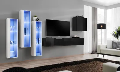 Image de Noir Support TV Ensemble de 5 pièces de meubles muraux en bois Designer Nouveau
