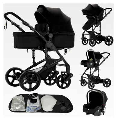 Produktbild von Kinderwagen 3 in 1, Dreibucherrahmen und Doppel-Federung, Ein-Klick-Faltmechanismus für Neugeborene und Kleinkinder (Schwarz)