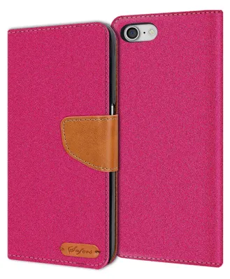 A pink flip case for a smartphone is shown open, revealing the phone's camera and screen area.