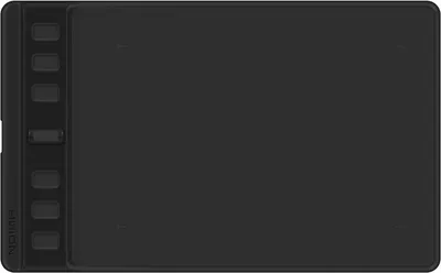 A top-down view of a black graphics tablet.