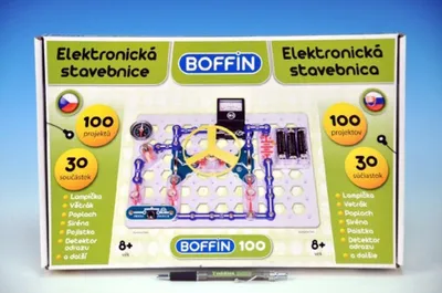 The image shows the packaging of an electronic construction kit. The front of the box displays the product name, brand logo, a diagram of the electronic circuit board with components, and lists of features and projects.