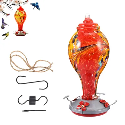 Produktbild von Glas Vogeltränke Hängend mit Ameisenschutz, Kolibri Futterspender bunt, Vogelfutterspender Garten Deko für kleine Vögel, H29CM