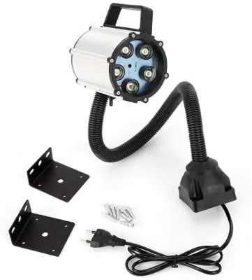 A machine lamp with a flexible arm and its accessories, including mounting brackets and screws, are displayed against a white background.
