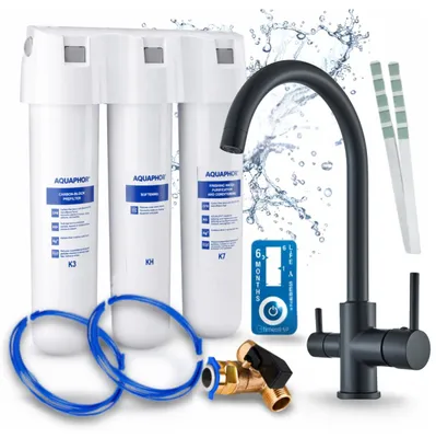 Image de Robinet de cuisine Ari 3 voies, modèle Linko, finition noire mate, livré avec un système de filtration d'eau Aquaphor Kristall H, pivotant à 360°