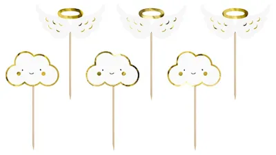 Produktbild von 6 Tortenaufsätze aus Holz Wolken + Flügel weiß-gold 12,5 cm für Babypartys -
