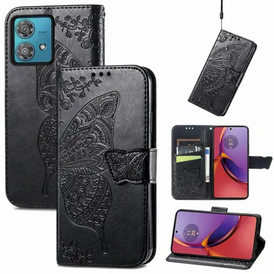 Image de Étui de protection en similicuir pour Motorola Moto G84 5G, motif papillon, noir