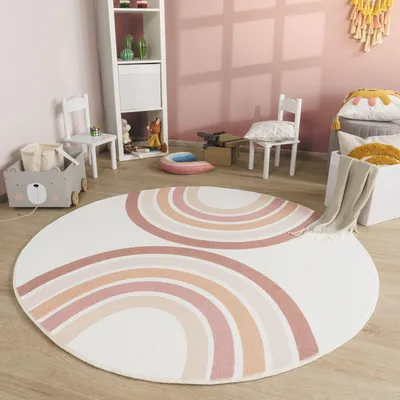 Produktbild von TT Home Kinderteppich Babyzimmer Teppich Rund Kinderzimmer Waschbar Modern Regenbogen Sonne Junge Mädchen Größe 100 cm Rund
