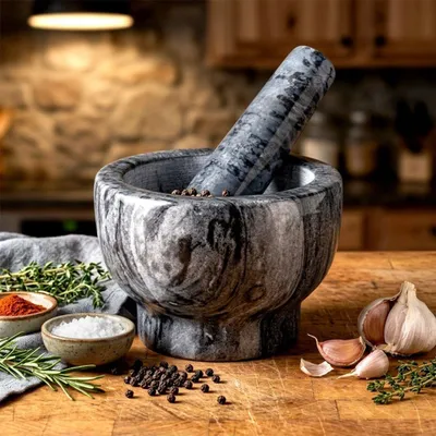 Image de Mortier et pilon en granit noir, 13 cm