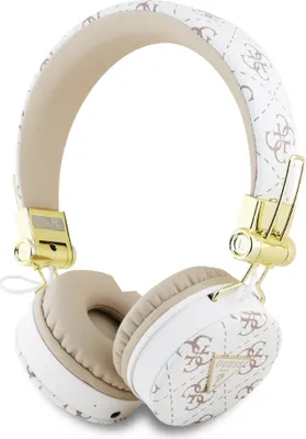 A pair of white and gold GUESS headphones with a patterned design.