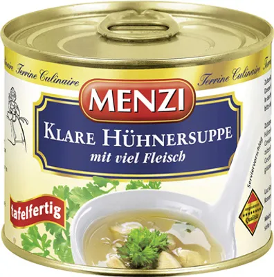 Produktbild von Menzi Klare Hühnersuppe mit viel Fleisch 5 x 200 ml Dosen