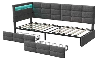 Image de Canapé-lit capitonné 90 x 200 cm - Lit pour adolescents - 2 tiroirs - Éclairage LED - Station de chargement USB - Sommier à lattes en bois - Tête de lit gauche en lin gris