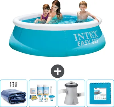 Produktbild von Intex runder aufblasbarer Easy Set-Pool – 183 x 51 cm – Blau – im Lieferumfang enthalten Sonnensegel - Wartungspaket - Filterpumpe für Schwimmbad - Bodenfliesen