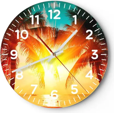 Produktbild von Wanduhr - Rund - Glasuhr - Meer Palme Wasser - 30x30cm - Schleichendes Uhrwerk - Lautlos - zum Aufhängen bereit - Dekoration Modern - Wanddekoration aus Glas - C4AR30x30-4018