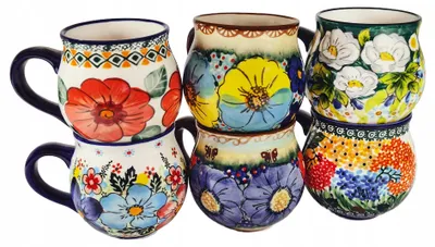 Productafbeelding van Set van 6 stuks Silezisch patroon mok, grote keramische 400ml handgeschilderd