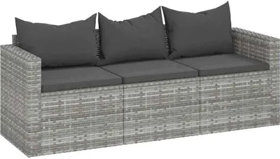 A three-seater outdoor sofa with dark gray cushions, set against a white background.