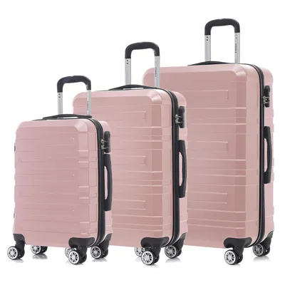 Produktbild von Suitcase Set, Rollkoffer Handgepäck, Kofferset, mit 4 Rollen 360°, Hartschalenreise Zahlenschloss, Weicher Gummigriff (3er Set, M,L&XL, Roségold)
