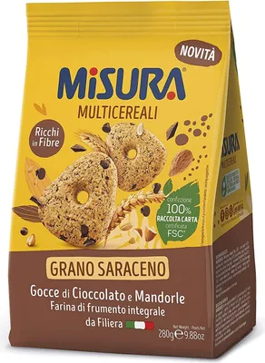 Produktbild von 6x Misura Multigrain Grano Saraceno Vollkornkekse mit Schokoladentropfen und Mandeln 280g