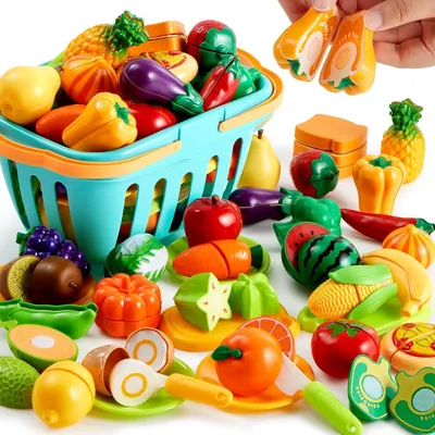 Image de JOYIN Set de 68 jouets à découper pour jeux de cuisine, plastique fruits & légumes, panier de rangement, mini-plats, couteaux