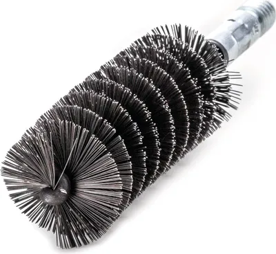 A close-up studio shot of a wire brush with a threaded metal end.
