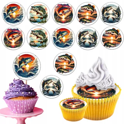 Obrázok produktu pre Dekorácie Na Torty, Muffiny – Sada Na Narodeniny, 12 Ks – Téma: Rýbarčenie, Rýba