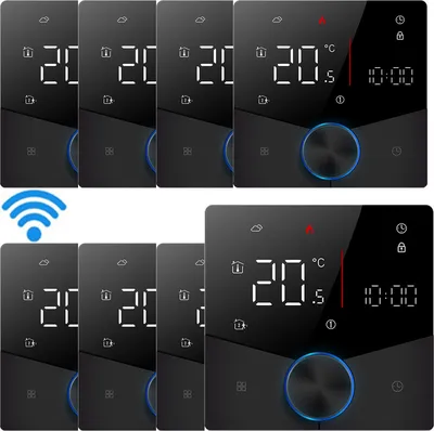 Obrázok produktu pre 8X Smart Tuya WiFi termostat, digitálny LED izbový termostat s hlasovým ovládaním, nástenný termostat pre ohrev teplej vody 3A a podlahové kúrenie, s nastaviteľnou farbou osvetlenia, programovateľný, kompatibilný s Tmall Genie, Amazon a Google Home, čierny