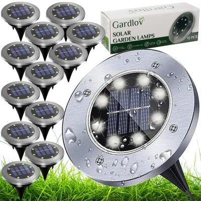 A set of solar garden lights and their packaging, displayed on a white and green background.