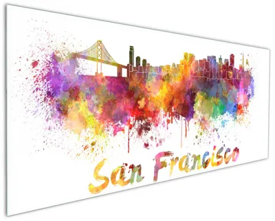 Produktbild von Wallario Küchenrückwand aus Glas, Größe: 125 x 50 cm, Motiv: Städte als Aquarell - Skyline von San Francisco | Spritzschutz | abwischbar | pflegeleicht | in