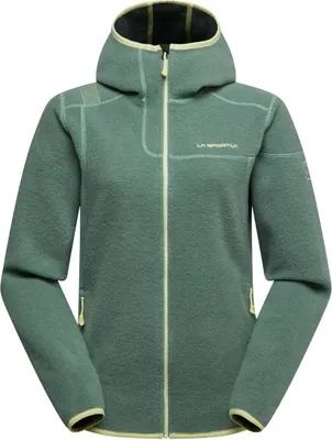 Damen-Hoody 'Iride Hoody W' von La Sportiva in grün mit Kapuze und Reißverschlusstaschen.