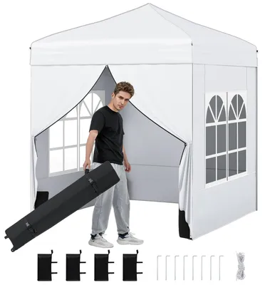 Immagine prodotto di Gazebo pieghevole COSTWAY 2x2 m, gazebo da giardino con pareti laterali rimovibili, struttura in metallo, finestre, 4 sacchi di sabbia e borsa con rotelle, gazebo pieghevole bianco