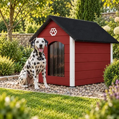 Produktbild von QLS Hundehütte 104x74 cm Größe XL isoliert aus Holz für draußen Rot-Weiß 9070, KI-generiertes Bild