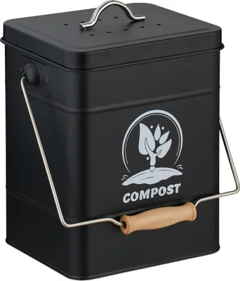 Image de Relaxdays - Seau à compost de cuisine, 6 l, petite poubelle, avec couvercle et filtre anti-odeurs, en métal, poubelle pour déchets organiques, noir