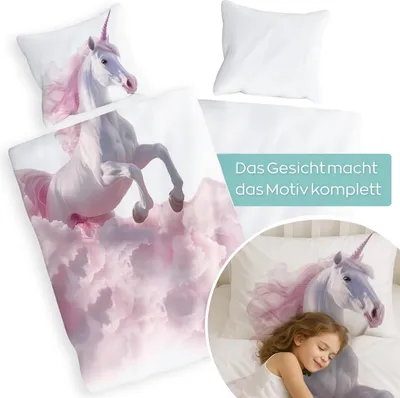 Produktbild von Kinderbettwäsche 135x200 Einhorn - Dein Gesicht vervollständigt das Design des Kinder Bettwäsche 135x200