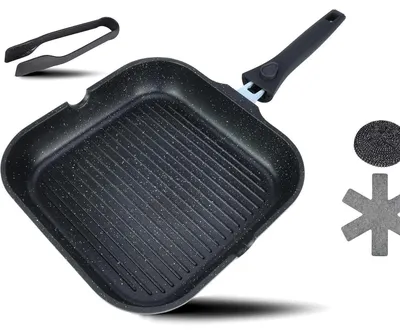 Productafbeelding van Grillpan 28x28 cm met uitgietrand en handvat, geschikt voor inductie, zwart. Grillpan 28 cm