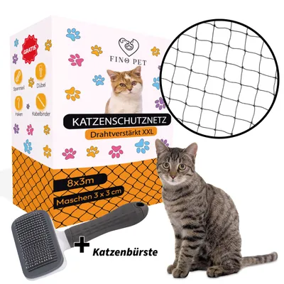 Produktbild von FinoPet Katzennetz für Balkon drahtverstärkt 8x3 Meter mit Katzenbürste und inklusive Befestigungsmaterial