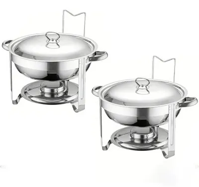 Immagine prodotto di Scaldavivande - Set di scaldavivande rotondi - Acciaio inossidabile - Set da 2 pezzi - Capacità >2 L - Con vassoio, contenitore per alimenti, coperchio e supporto - Argento