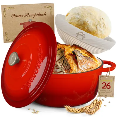Produktbild von SCHMORGOLD Brotbackform 26cm inkl. Gärkorb - Gusseisen Topf zum Brot Backen - emaille Topf - Schmortopf Gusseisen - kompakter Brottopf
