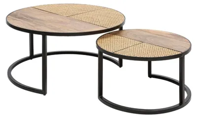 Productafbeelding van Nested lage tafels KANEVIA rond van massief mangohout, rotan en zwart metaal