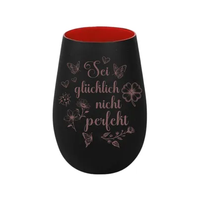 Produktbild von Stölzle Lausitz Windlicht schwar rot aus Glas mit Lasergravur „Sei glücklich nicht perfekt“, persönliches Geschenk für Freunde, Familie und Partner